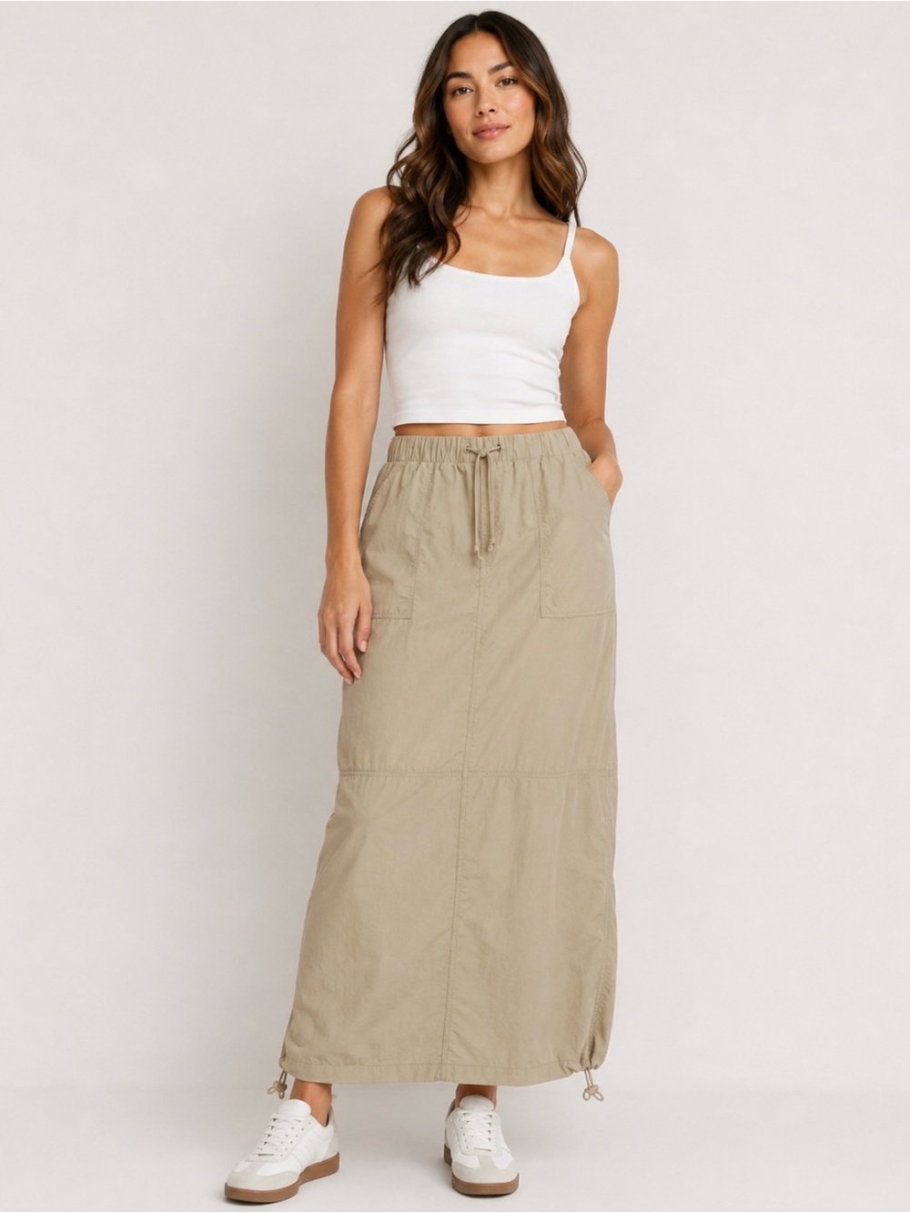 Wilo The Label Beige Utility Maxi Skirt Drawstring Elastic Waist NWT M